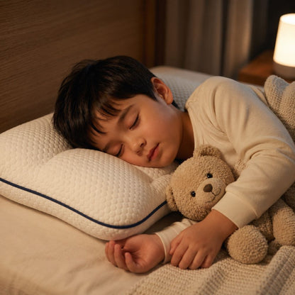 Kind schläft ruhig mit Teddy auf dem LulaBini Kinderkissen