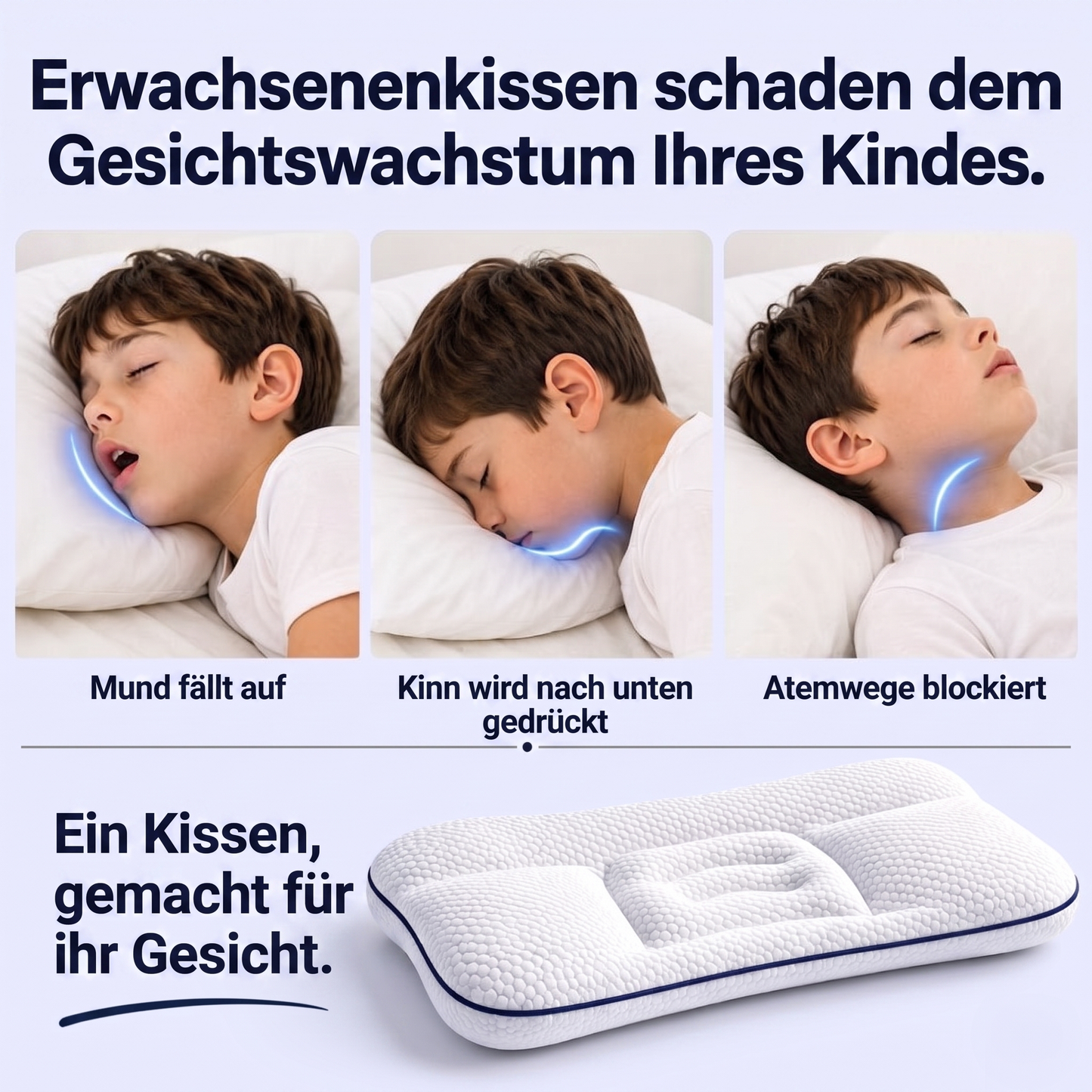 Erwachsenenkissen schaden dem Gesichtswachstum: Mund fällt auf, Kinn gedrückt, Atemwege blockiert