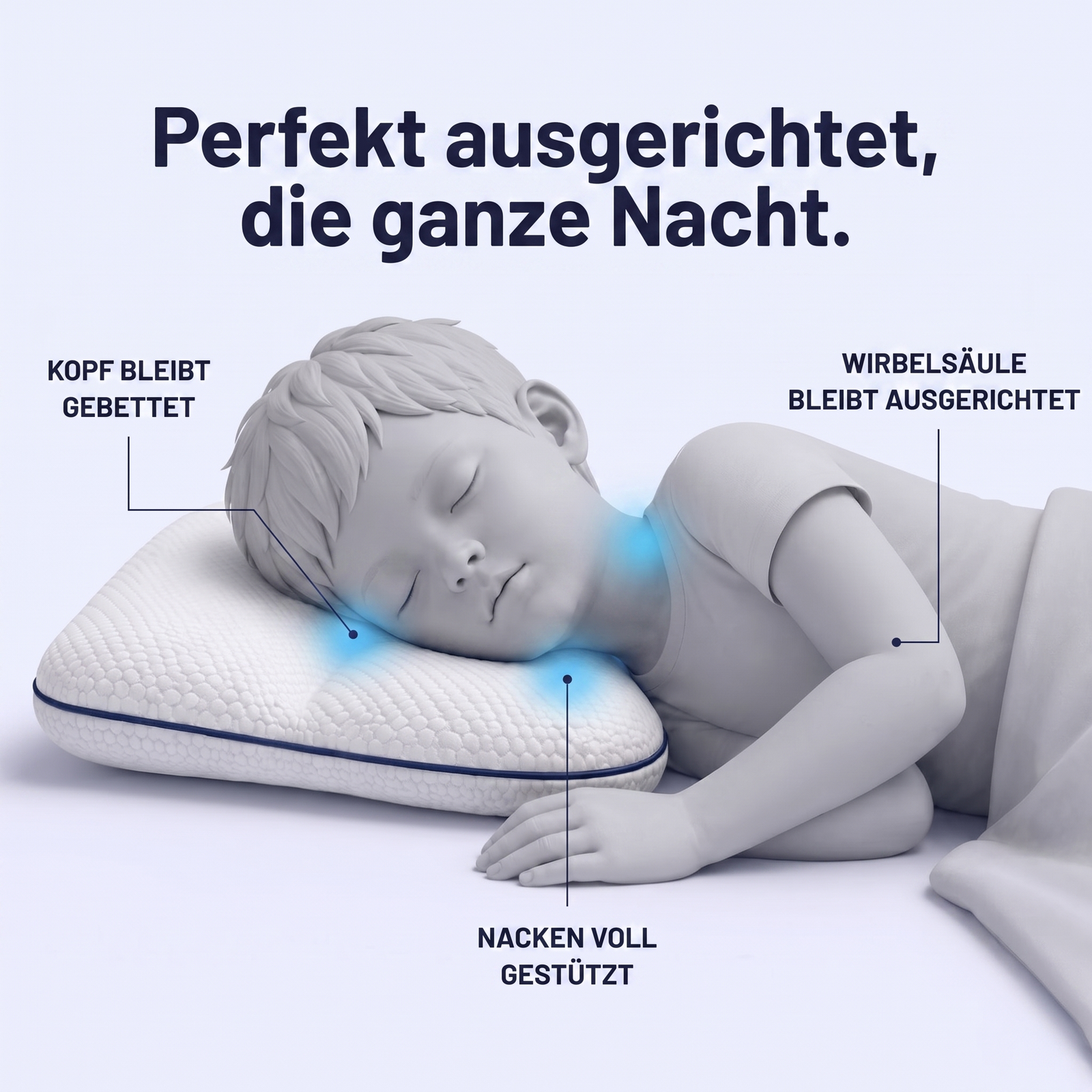 3D-Darstellung: Kopf, Nacken und Wirbelsäule bleiben auf dem LulaBini Kinderkissen ausgerichtet