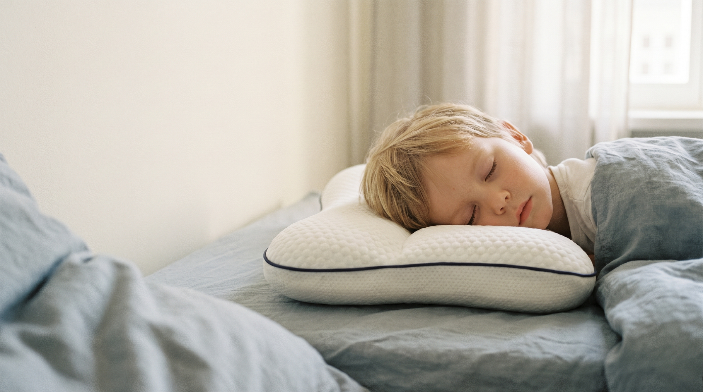 A mother sits on the bed beside her sleeping child on the LulaBini pillow