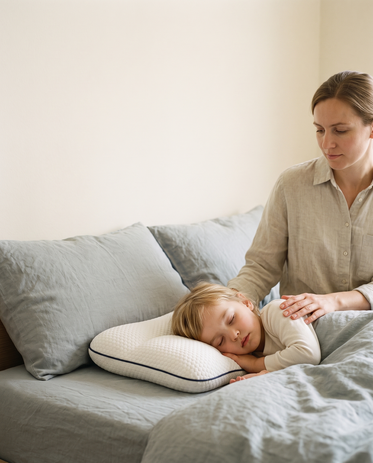 A mother sits on the bed beside her sleeping child on the LulaBini pillow