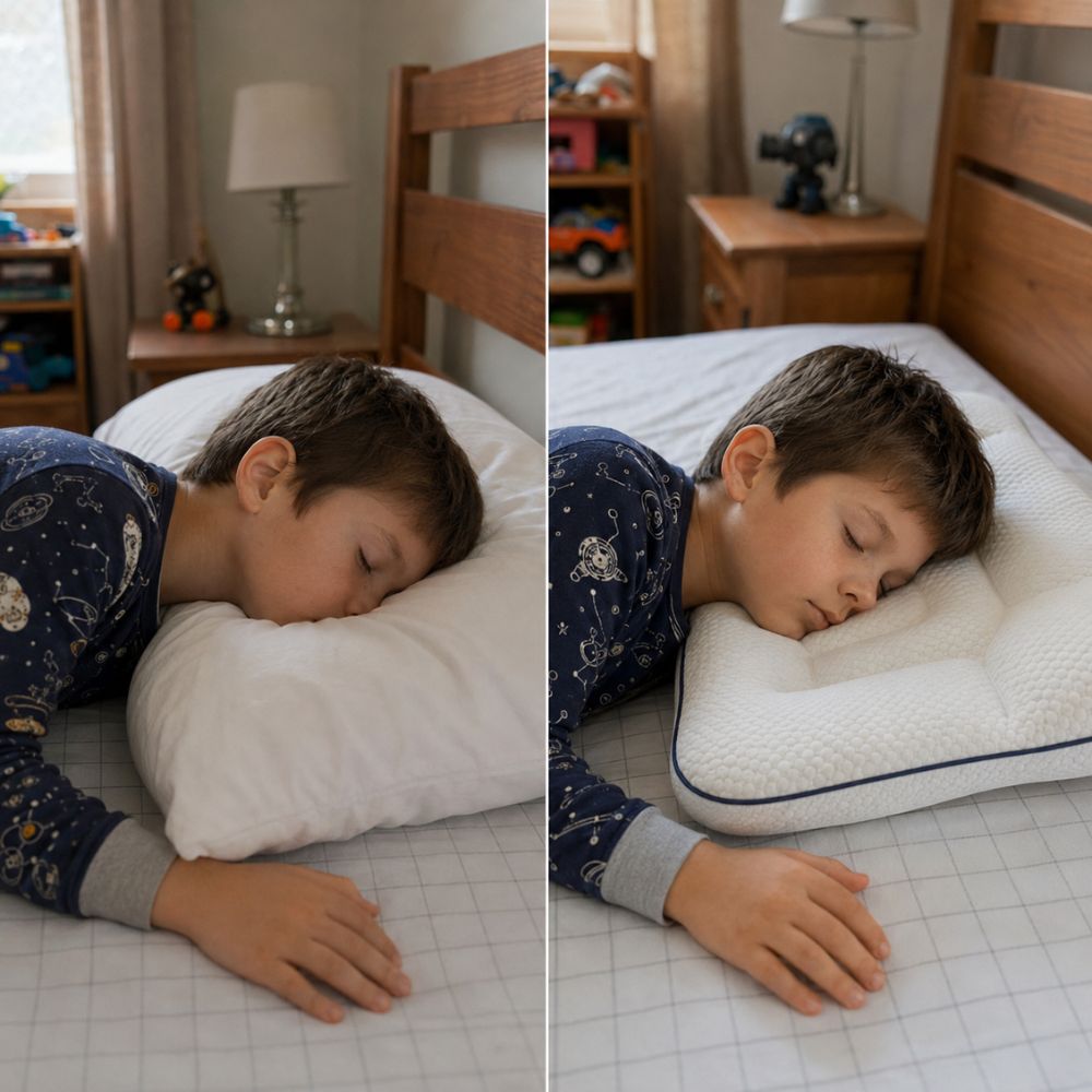 The same child on an ordinary pillow with the head buried, and on the LulaBini pillow with the neck straight